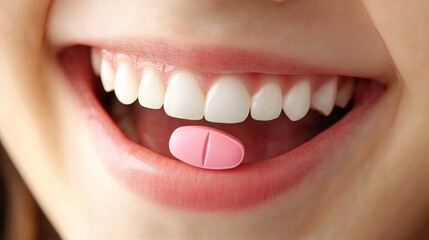 Obraz premium Close-up of a smiling mouth holding a pink pill between teeth, highlighting dental health and medication subjects with a bright and clean visual style.