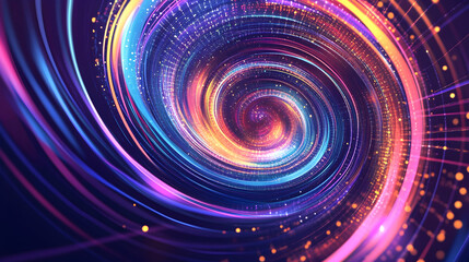 Obraz premium Abstract swirling light pattern with colorful lines and dots in a dark background.