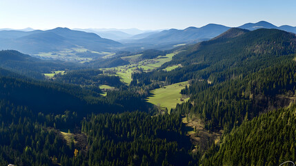 Fototapeta premium Aerial view of a valley surrounded by forested mountains.