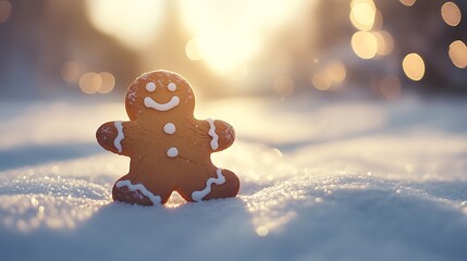Festive gingerbread man in a snowy Christmas scene. A smiling gingerbread man cookie stands on a bed of sparkling snow with warm, glowing Christmas lights in the background.