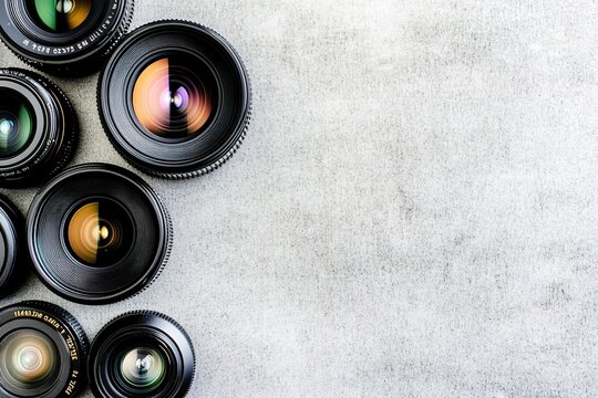 Camera lenses array on textured backdrop with copy space