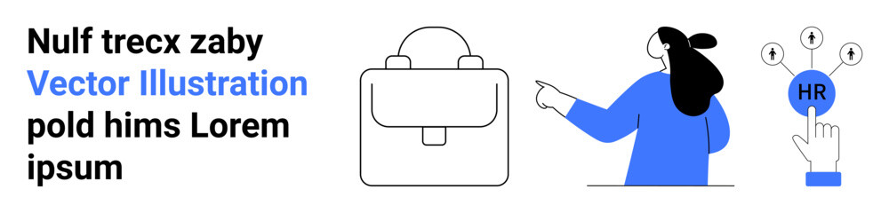 Woman pointing at HR symbol with question marks, modern briefcase representing business tools. Ideal for HR, career, recruitment, business management, staff training, onboarding, corporate websites
