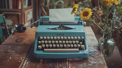 Vintage Typewriter on a Rustic Table with Flowers - A Classic Writing Setup