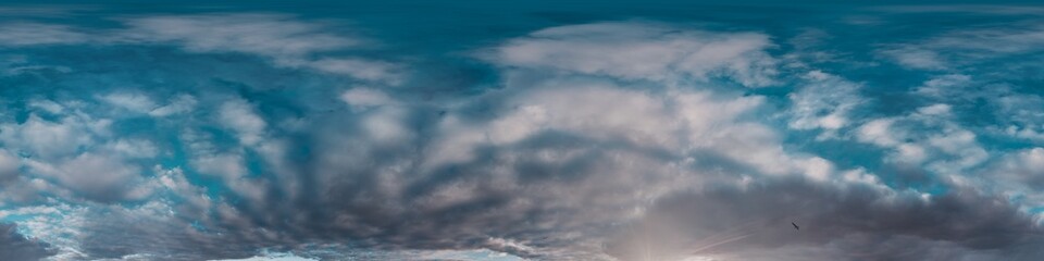 Sunset sky with bright glowing pink Cumulus clouds. Seamless spherical HDR 360 panorama. Full zenith or sky dome in 3D, sky replacement for aerial drone panoramas. Climate and weather change.