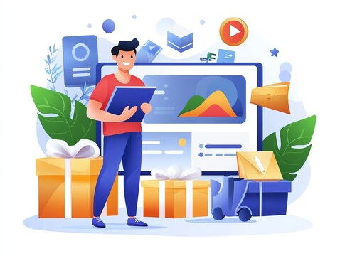 man holding tablet near screen, gifts, delivery