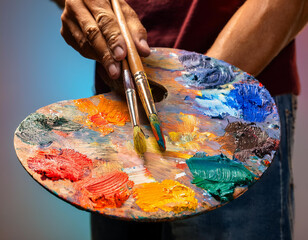 Used brushes on an artist's palette of colorful oil paint