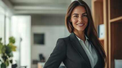 Female lawyer in dark grey blazer, smiling confidently, standing in a white-walled office with wood accents, bright light streaming from a side window, eye-level angle, 50mm. 