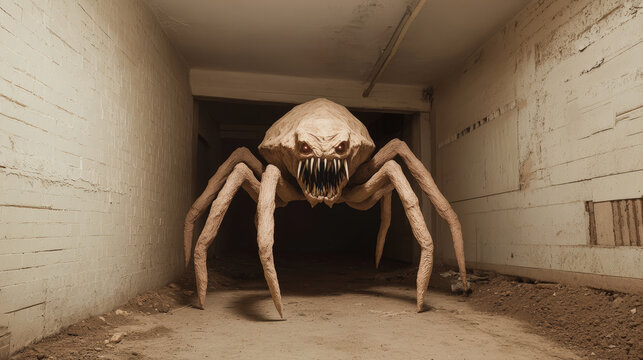 Old, decaying basement with a monstrous creature made of stone and roots, crawling out from the foundation," [Nature-infused basement monster], [Elemental horror] 