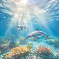 Fototapeta premium A vibrant underwater scene featuring dolphins swimming close to a colorful coral reef filled with tropical fish and marine plants. The dolphins move gracefully above the coral, surrounded by a rainbow