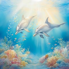 Obraz premium A vibrant underwater scene featuring dolphins swimming close to a colorful coral reef filled with tropical fish and marine plants. The dolphins move gracefully above the coral, surrounded by a rainbow