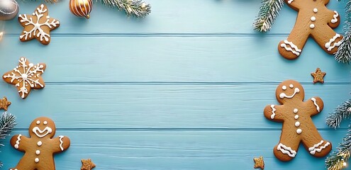 Festive Christmas Scene with Gingerbread and Fir Branches on Blue Wood