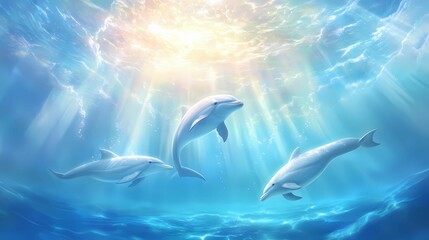 An underwater view of a pod of dolphins swimming together in crystal-clear blue water. Sunlight filters through the water from above, casting beams that illuminate the dolphins, creating a beautiful a