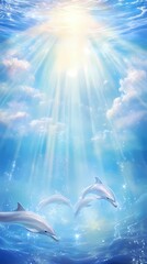 An underwater view of a pod of dolphins swimming together in crystal-clear blue water. Sunlight filters through the water from above, casting beams that illuminate the dolphins, creating a beautiful a