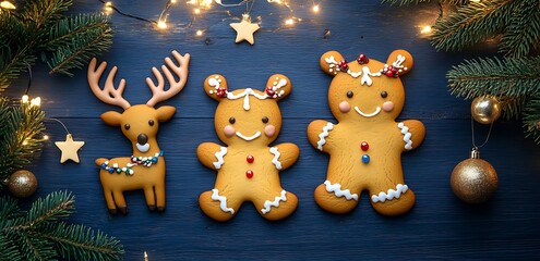 Festive Christmas Scene with Gingerbread and Fir Branches on Blue Wood