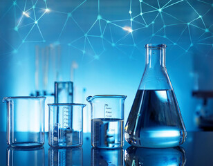 Chemistry glass lab flask with chemical blue liquid. Science beaker on chemical formula on dark background. Digital laboratory tube. Science and lab concept. 3D vector polygonal 3d illustration.