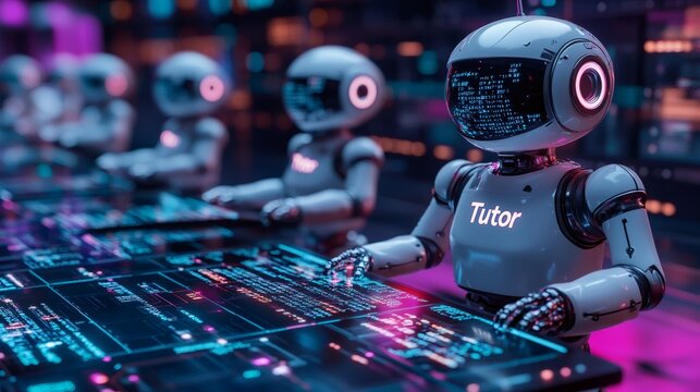 robot-assisted coding, a robot tutor guides through coding exercises on tablets, showing adaptability and patience while helping troubleshoot