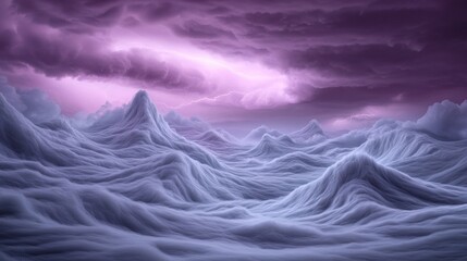 Surreal landscape of cloud waves under a dramatic purple sky, AI