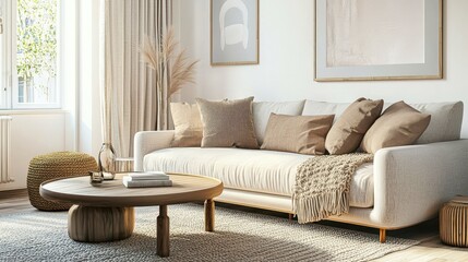 Cozy living room with a beige sofa, textured pillows, and a warm throw blanket, exuding a welcoming atmosphere