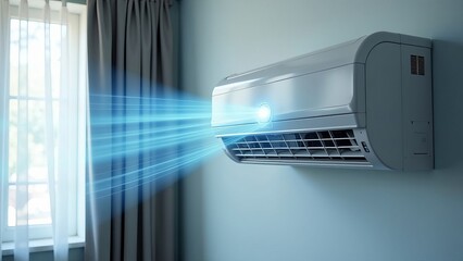 Air conditioner and wind or air flow to show cool and fresh. AC indoor unit or evaporator and wall-mounted. That is part of mini split system or ductless system type