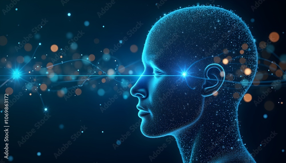 Poster digital transformation visualized as a human head with data flow, symbolizing ai and connectivity.