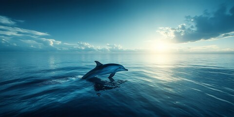peaceful image of liberated dolphin in vast ocean, representing freedom from captivity, under radiant sunlight, ultra-realistic, spacious