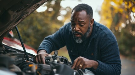 Concerned Black man dealing with car troubles, trying to diagnose an engine issue on the roadside