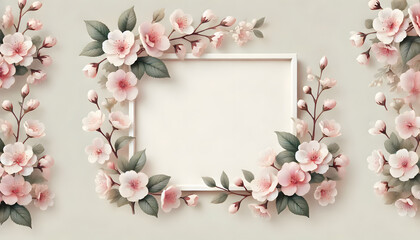 Obraz premium Soft Cherry Blossom Frame with Gentle Pink Flowers and Green Leaves
