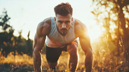 Athletic man training outdoors at sunrise, focused on staying in shape with a rigorous workout routine
