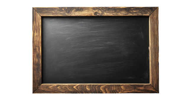 Blank chalkboard with rustic wooden frame Isolated on transparent Background.