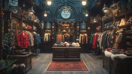 Obraz premium chic boutique with retro vibes featuring faux fur coats on vintage mannequins, adorned with soft lighting and antique accents, epitomizing ethical fashion