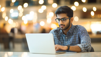 Young Indian man working on a laptop in modern office.  Indian software engineer or developer wearing glasses