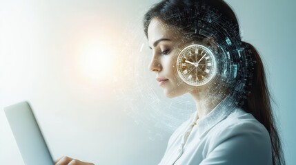 Businesswoman intensely focused on her laptop with a double exposure of a clock, symbolizing efficient time management
