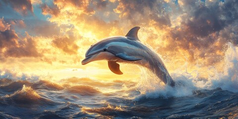 Fototapeta premium a serene image of a liberated dolphin swimming in the vast ocean, representing freedom and illuminated by the sunlight