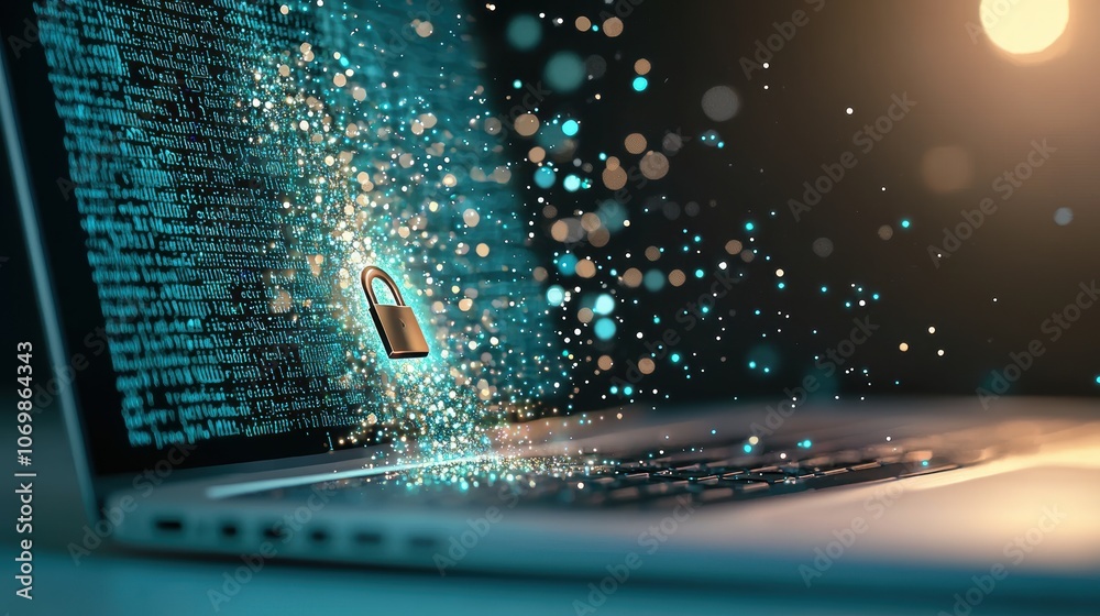 Poster a close up shot of a laptop screen displaying lines of encrypted code flowing across a dark backgrou