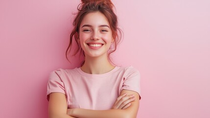 Fototapeta premium Cheerful young woman crossing her arms with a warm smile on a soft pastel background