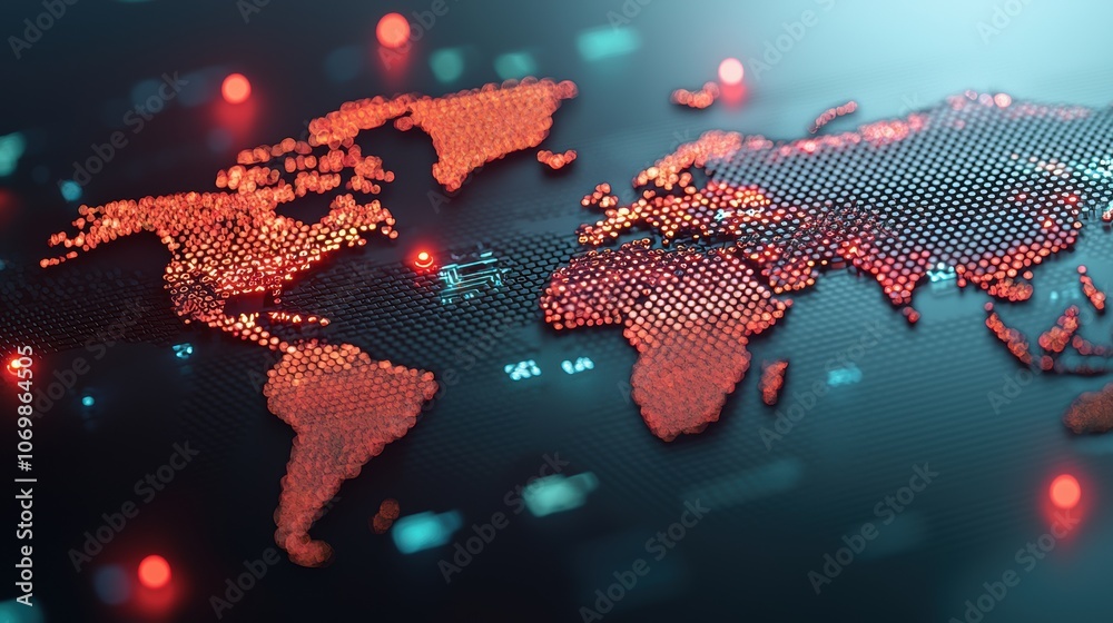 Poster an abstract representation of a digital world map with glowing hotspots representing cyber threats a