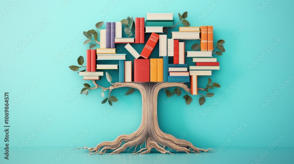 Poster a tree with roots growing into a network of interconnected books, symbolizing the foundation of know