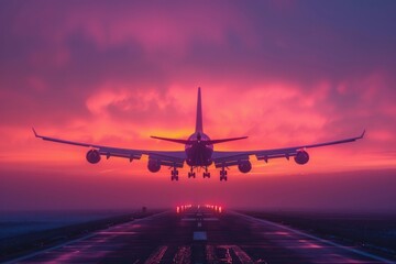 Silhouetted airplane on a runway with purple and pink clouds in the background. AI generative. .