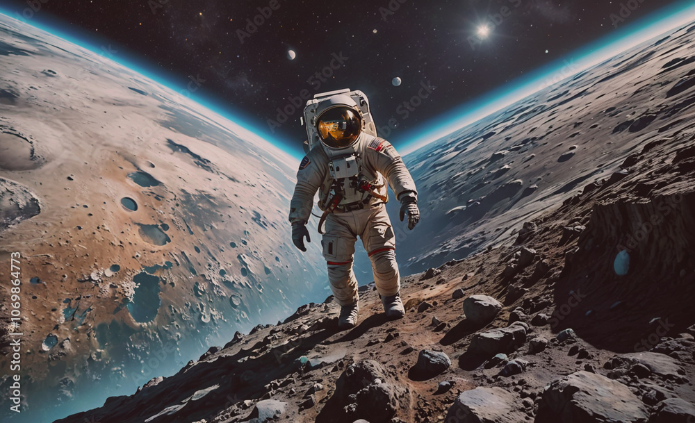 Poster man in a space suit is walking on a rocky surface