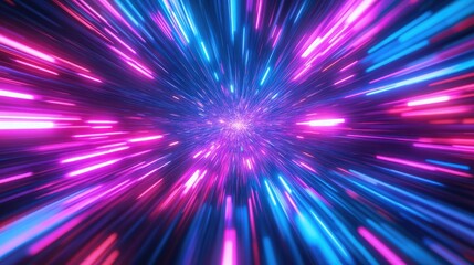 Fototapeta premium Explosive Neon Light Beams in Motion: Abstract Futuristic Concept of Energy, Speed, Innovation, and Technology with Bright Pink, Blue, and Purple Streaks