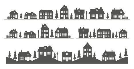Obraz premium Town and village houses on skyline. Silhouette of small buildings in neighborhood on white background. Christmas rural simple drawing. Winter country landscape with trees in night. Vector