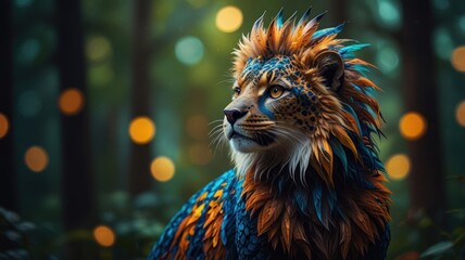 The majestic creature, a cross between a lion and a leopard, is adorned with colorful and intricate fur patterns. The creature's sharp eyes and alert expression convey a sense of power and mystery.