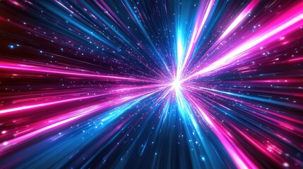 Fototapeta premium Futuristic Abstract Light Speed Burst: Dynamic Neon Pink, Blue, and Purple Light Beams Converging, Representing Digital Acceleration, Technology, Innovation, and Energy in a High-Tech Visual