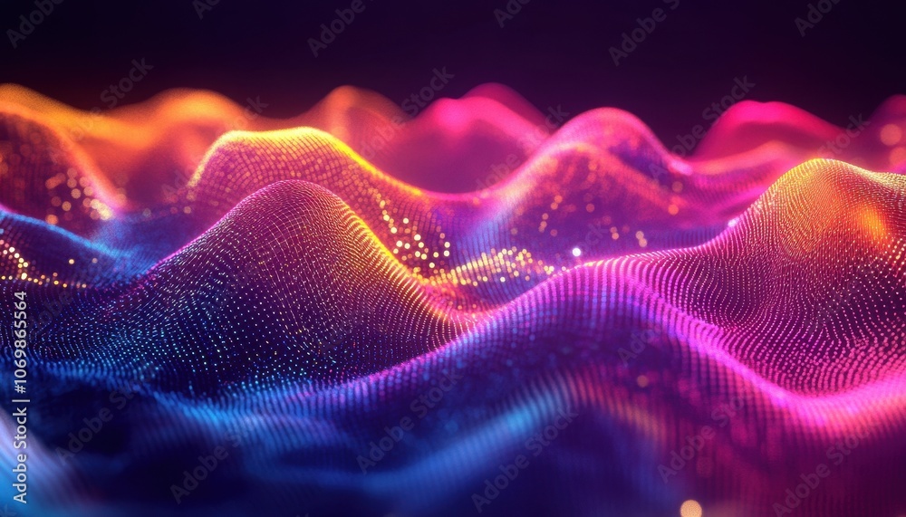 Poster abstract wavy landscape with glowing points and neon colors