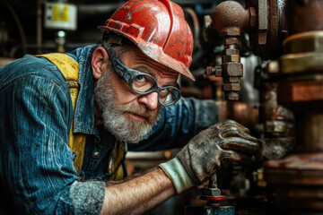 A skilled senior male factory worker, wearing safety gear, operates machinery with focused attention in a bustling industrial environment.