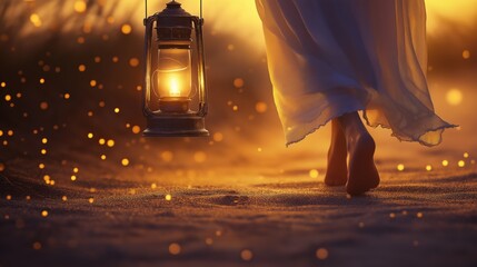 Person walking barefoot in the sand holding a lantern at dusk. Concept for Psalm 119:105 "Thy word is a lamp unto my feet, and a light unto my path".