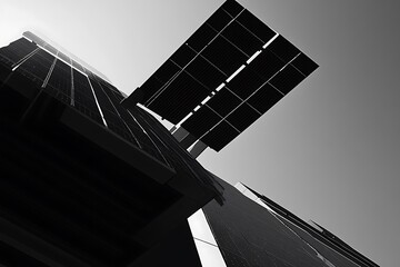 A low-angle view of a modern building with solar panels