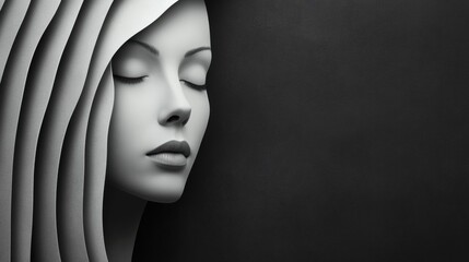 Serene monochrome portrait of a woman with flowing, layered hair, AI