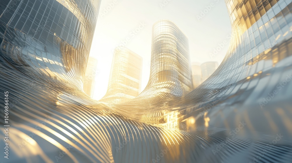Poster modern architectural structures with golden sunlight reflections