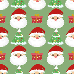 Cute Christmas pattern with Santa Claus faces, gift boxes, and Christmas trees on a green background. Ideal for holiday gift wraps, cards, and festive decorations.